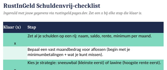Voorbeeld van de Schuldenvrij-checklist in Excel